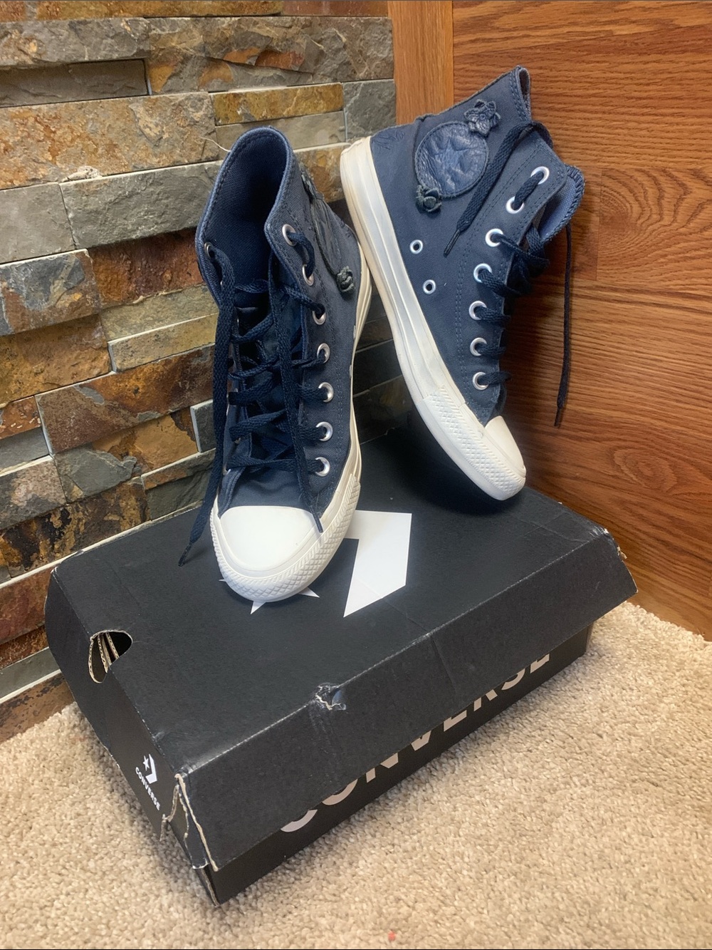 Converse 7 (37.5) Navy High-Top Canvas Sneakers with White Toe Cap into the void